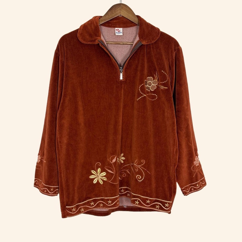 Vintage Orange Rust Velour Embroidered Cottagecore Quarter Zip XL